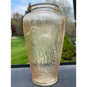Merigold Carnival Glass Vase Stork Heron Cattails Flowers Iridescent Vintage